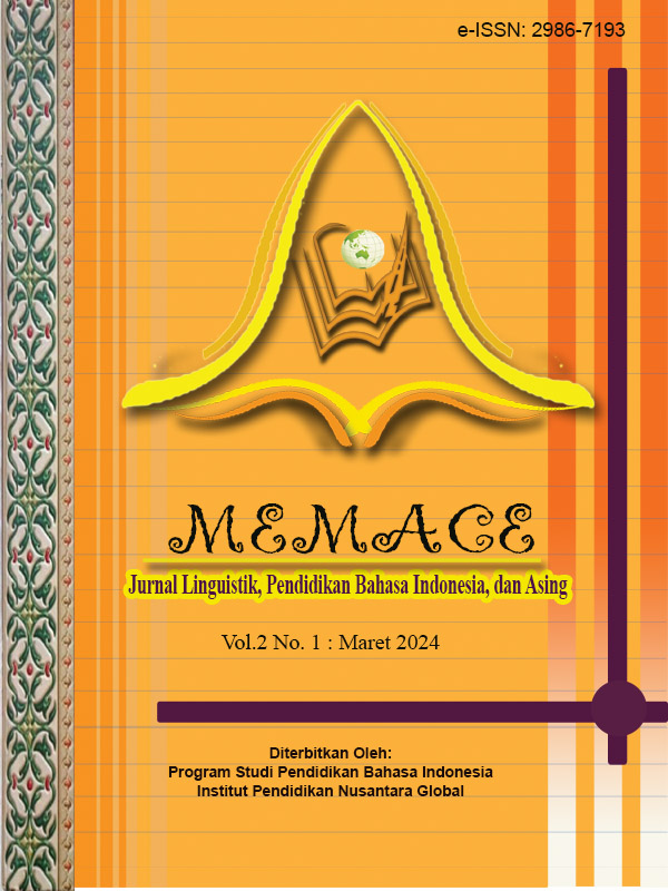 					View Vol. 2 No. 1 (2024): MEMACE: Jurnal Linguistik, Pendidikan Bahasa Indonesia, dan Asing IN PRESS
				